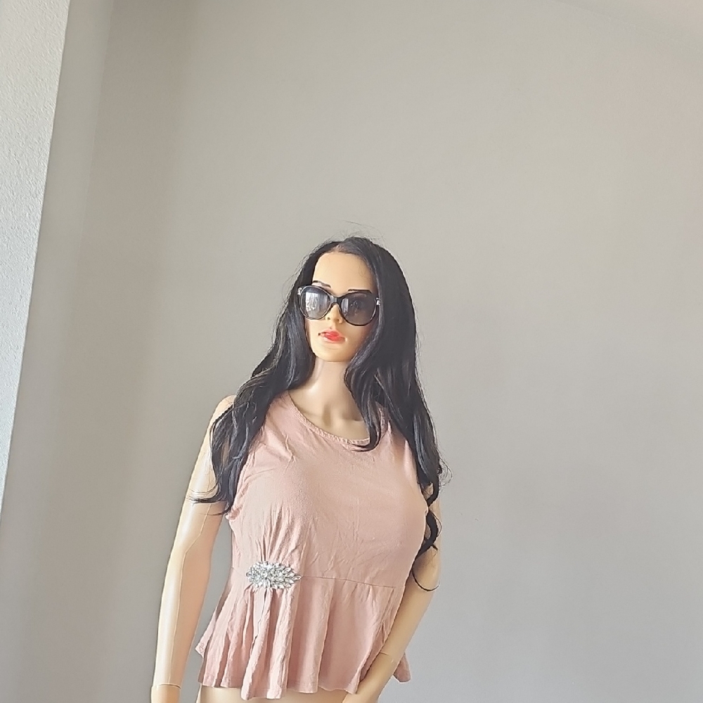 Express Dusty Rose Sleeveless Ruffle Hem Tank with Rhinestone Accent